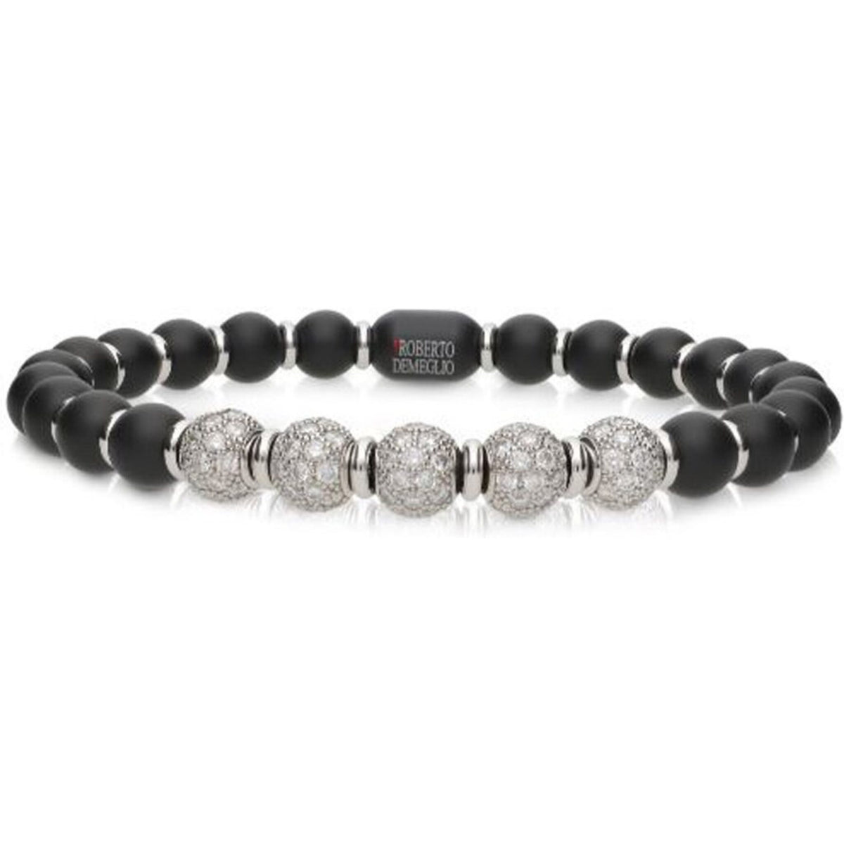 Roberto Demeglio - 6.5mm Black Matte Ceramic Stretch Bracelet and 5 Diamond Beads With Gold Rodells in 18K White Gold