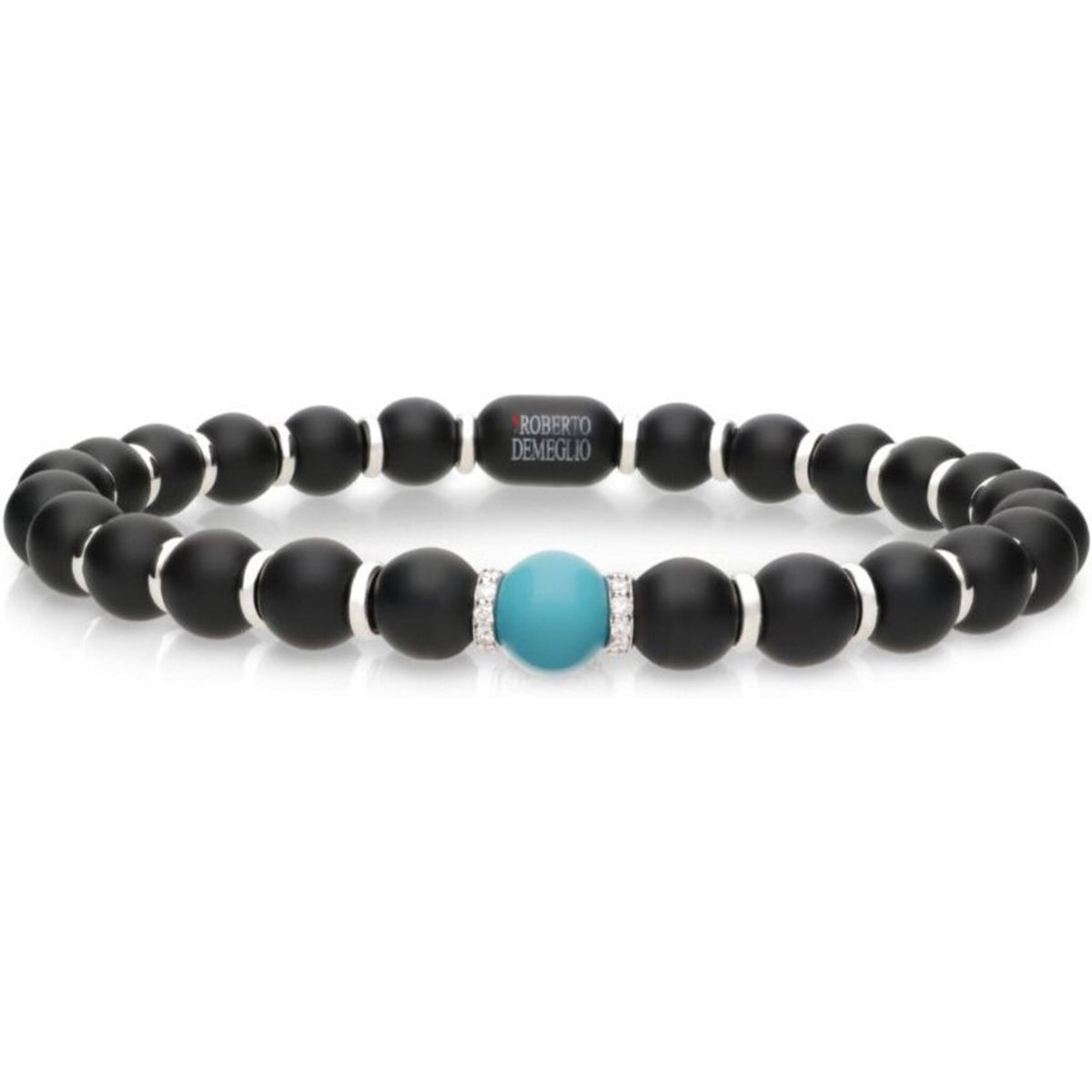 Roberto Demeglio - 6.5mm Matte Black Ceramic Stretch Bracelet With 1 Turquoise, 2 Diamond Beads and Gold Rodells in 18K White Gold