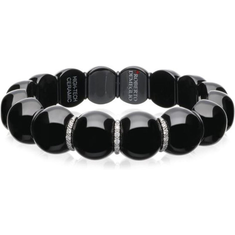 Roberto Demeglio - Dama Black Ceramic Bead Bracelet With 3 White Gold/White Diamond Bars in 18K White Gold