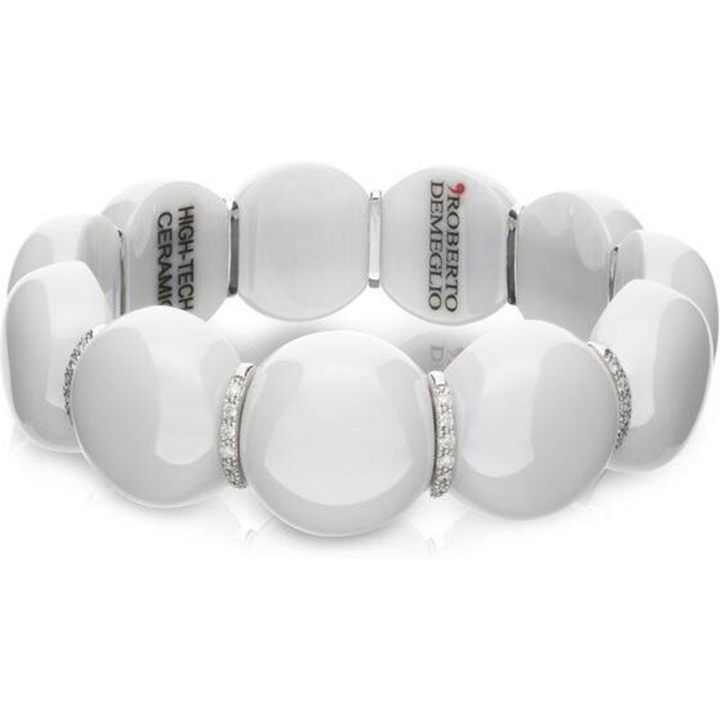 Roberto Demeglio - Dama White Large Ceramic Bead Bracelet With 3 White Gold/White Diamond Bars in 18K White Gold