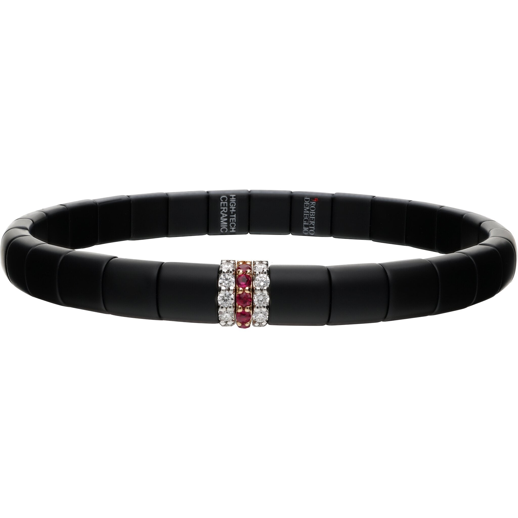 Roberto Demeglio - Matte Black Ceramic Bracelet With 2 Diamond and 1 Ruby Bar in 18K Two Tone