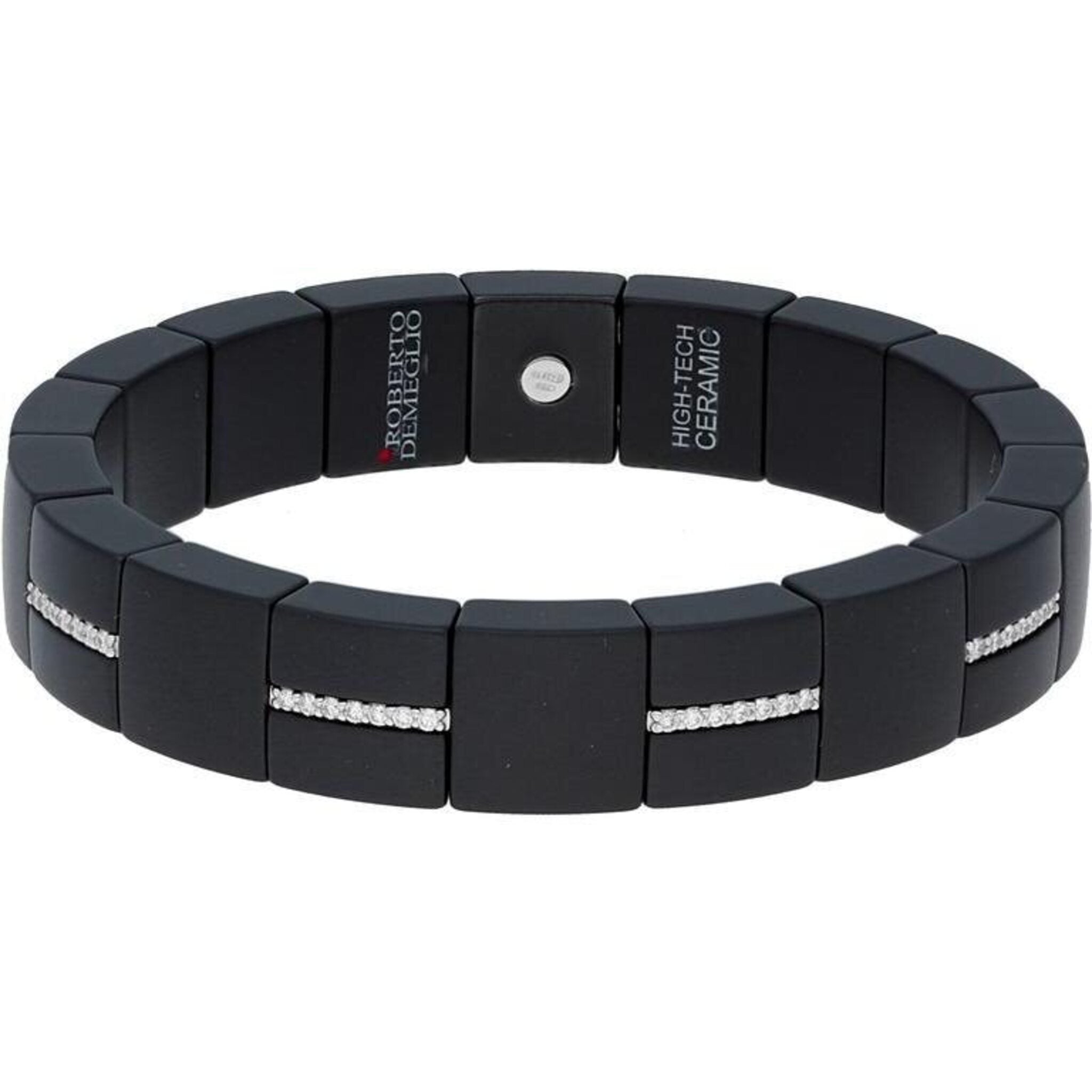 Roberto Demeglio - Square Matte Black Ceramic Stretch Bracelet With Alternating Diamond Bars in 18K White Gold