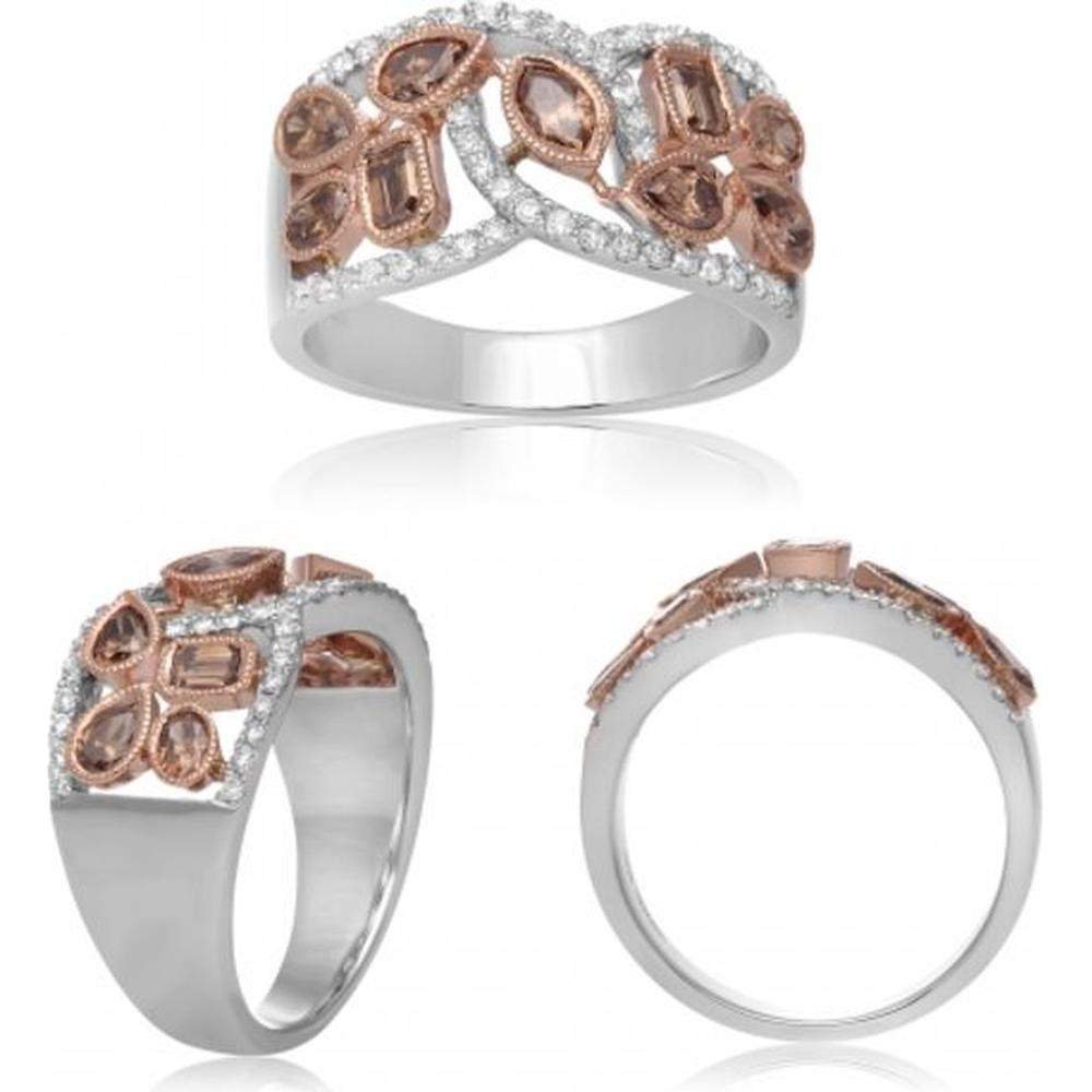 Roman & Jules - 14K Rose & White Gold Mixed Shape Champagne Diamond Ring with Round Diamond - 1.20 Carat Total Diamond Weight