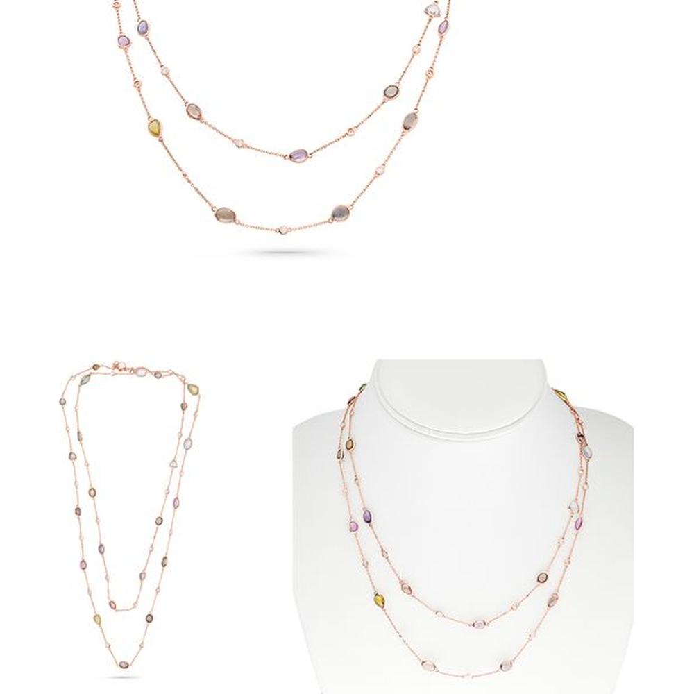 Roman & Jules - 14K Rose Gold 35" Mixed Shape Multi-Colored Sapphire Necklace - 17.64 Carat Total Sapphire Weight
