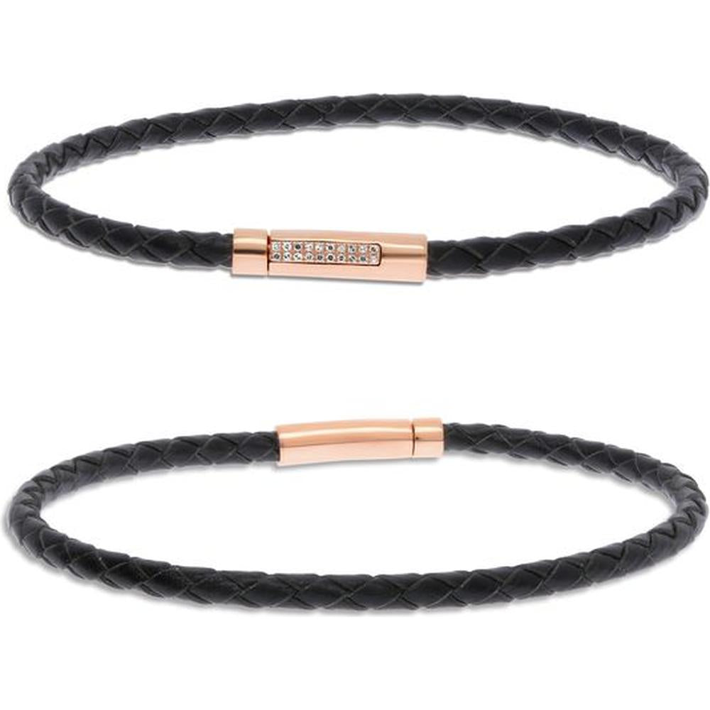 Roman & Jules - 14K Rose Gold Braided Leather Bracelet with Round Diamond Accent - 0.05 Carat Total Diamond Weight