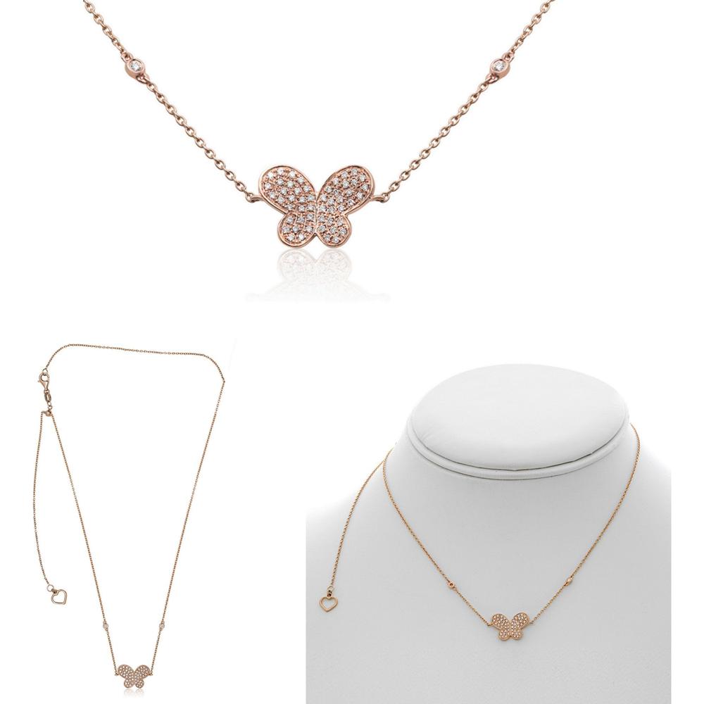 Roman & Jules - 14K Rose Gold Butterfly Necklace with Pave Set Round Diamonds - 0.15 Carat Total Diamond Weight