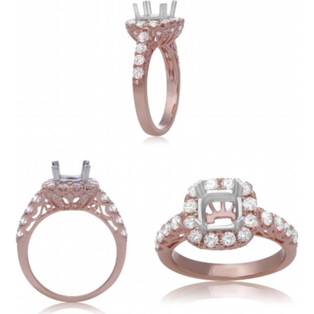 Roman & Jules - 14K Rose Gold Cushion Cut Diamond Halo Ring with Round Diamonds - 1.10 Carat Total Diamond Weight