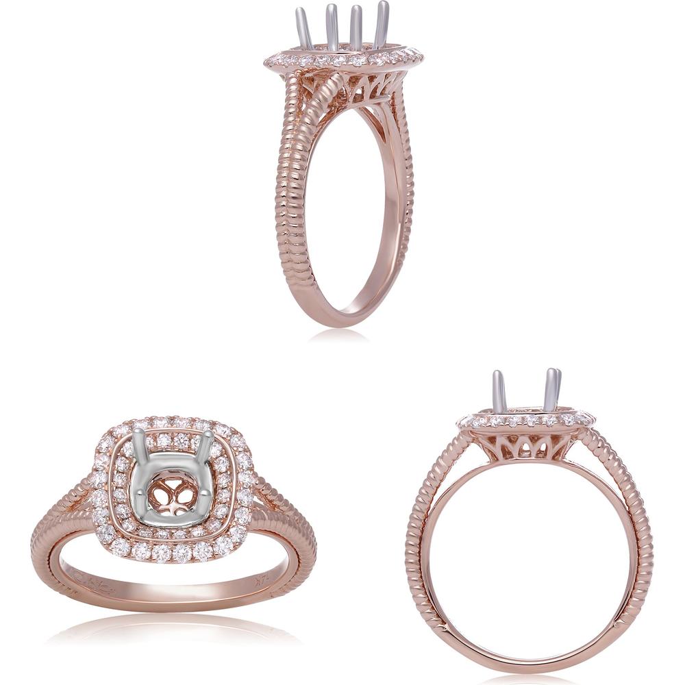 Roman & Jules - 14K Rose Gold Cushion Cut Diamond Halo Ring with Split Shank - 0.41 Carat Total Diamond Weight