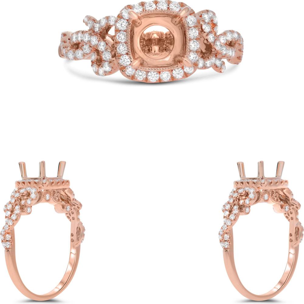 Roman & Jules - 14K Rose Gold Cushion Diamond Ring with Twisted Shank and Diamond Halo - 0.55 Carat Total Diamond Weight