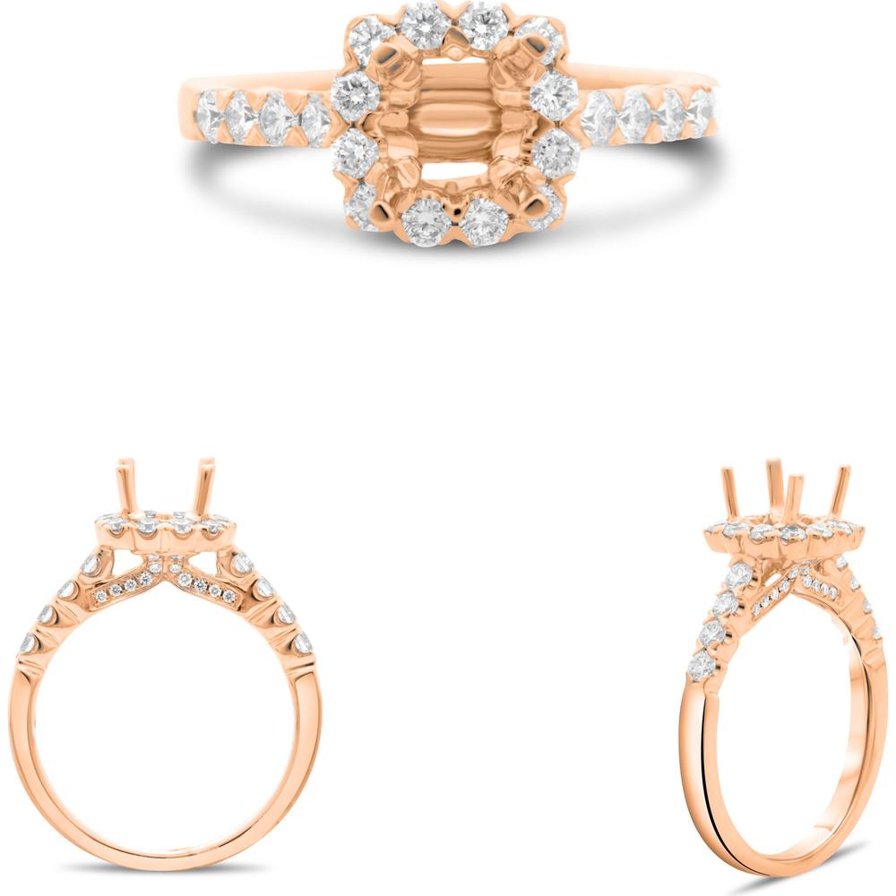 Roman & Jules - 14K Rose Gold Cushion Halo Diamond Ring with 0.64 Carat Round Diamond