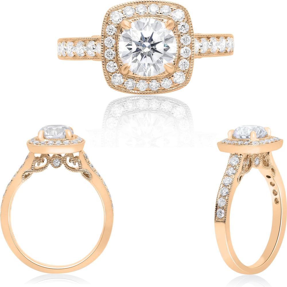 Roman & Jules - 14K Rose Gold Cushion Halo Diamond Ring with Round Brilliant Diamond - 0.49 Carat Total Diamond Weight