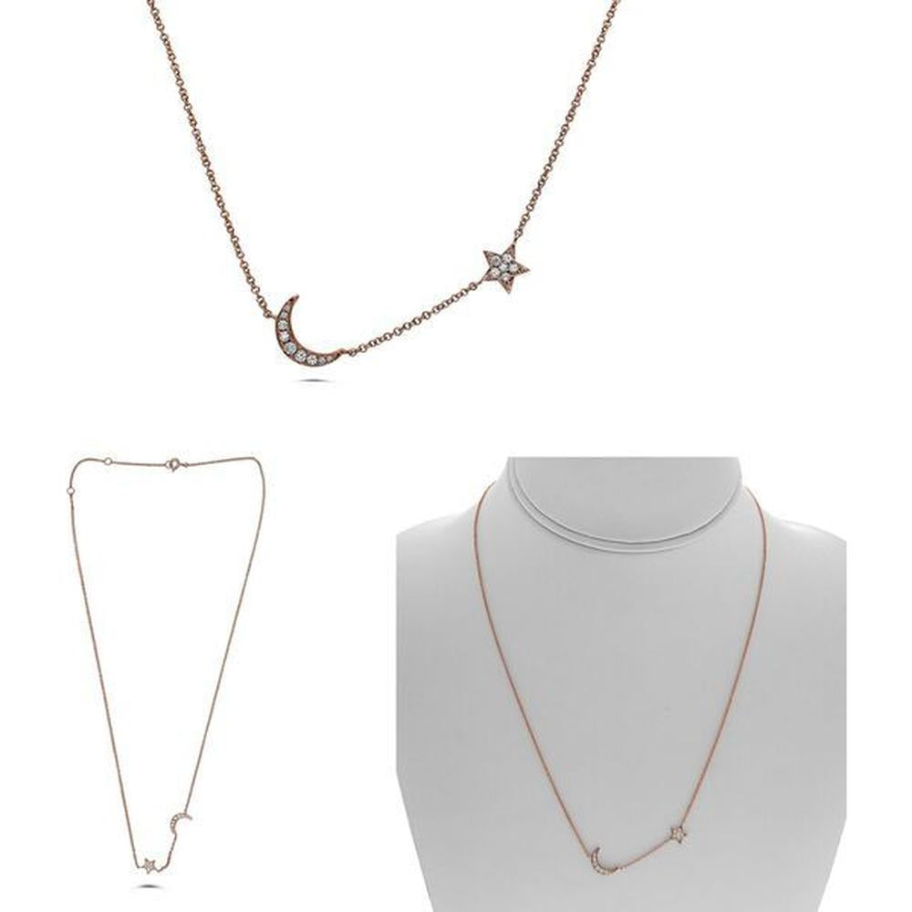 Roman & Jules - 14K Rose Gold Diamond Moon and Star Necklace with 0.15 Carat Total Diamond Weight