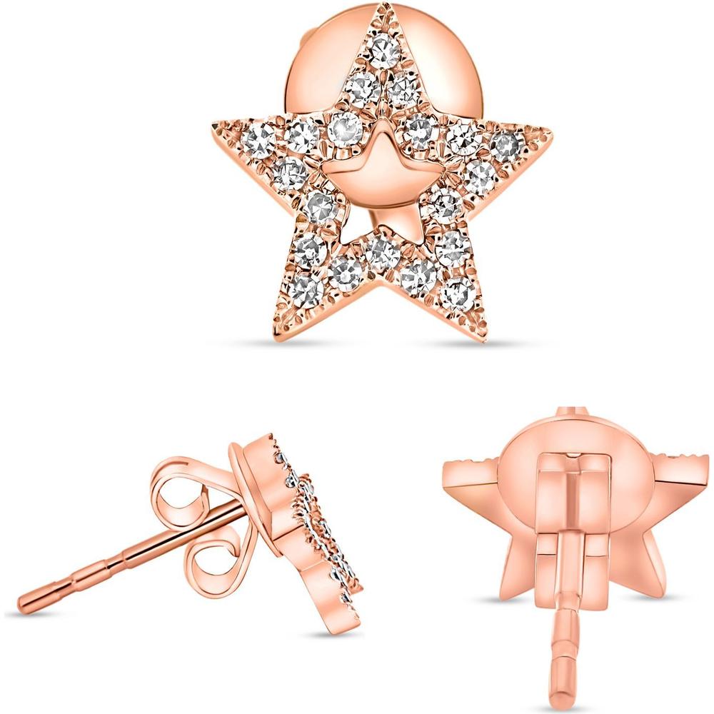 Roman & Jules - 14K Rose Gold Diamond Star Stud Earrings with Round Diamonds - 0.13 Carat Total Diamond Weight