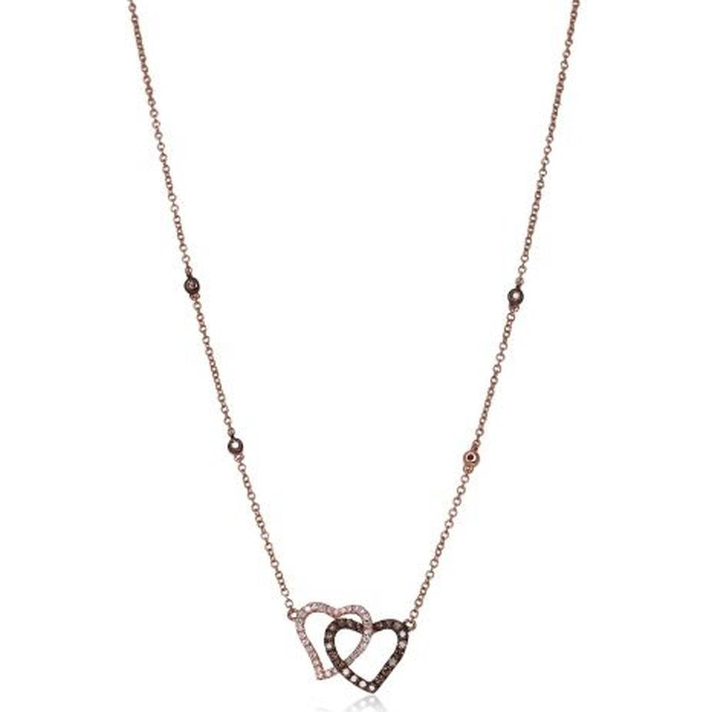 Roman & Jules - 14K Rose Gold Double Heart Necklace with 0.15 Carat Round Diamond and 0.39 Carat Champagne Diamond