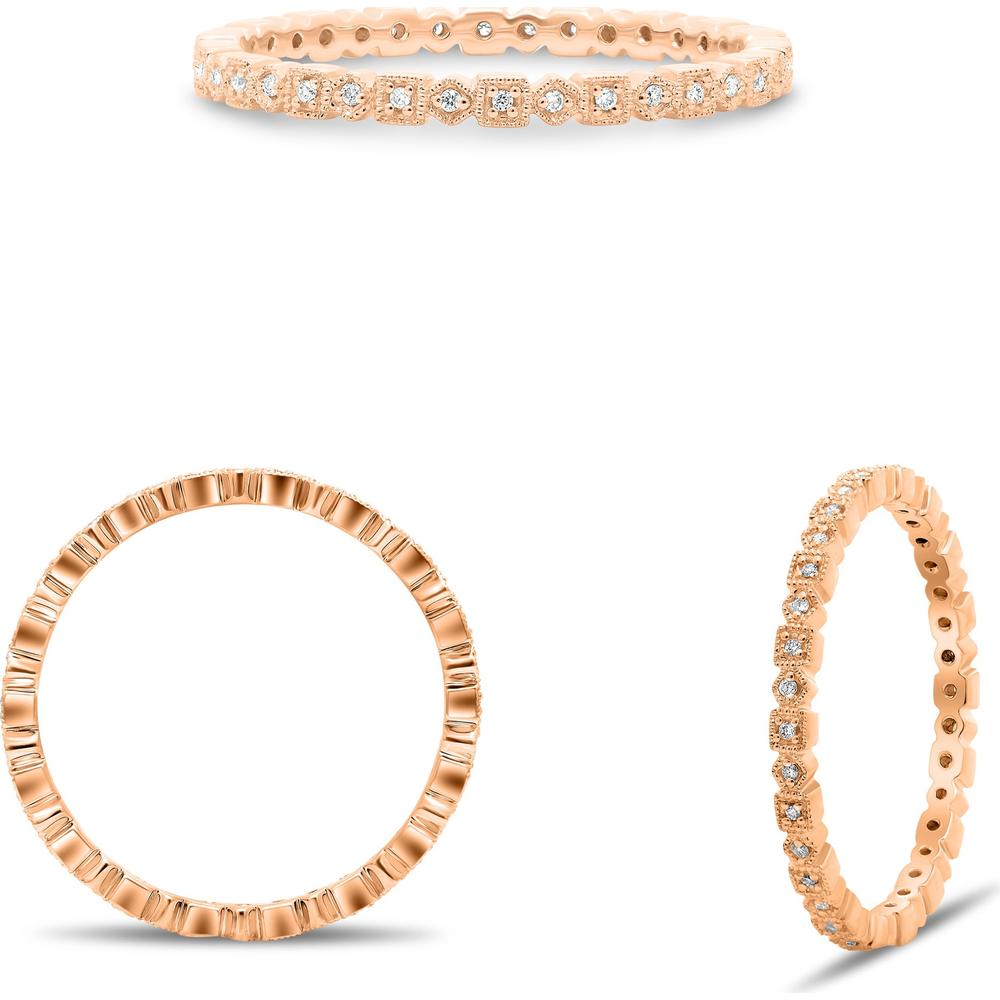 Roman & Jules - 14K Rose Gold Eternity Ring with Pavé Set Round Diamonds and Milgrain Detail - 0.06 Carat Total Diamond Weight