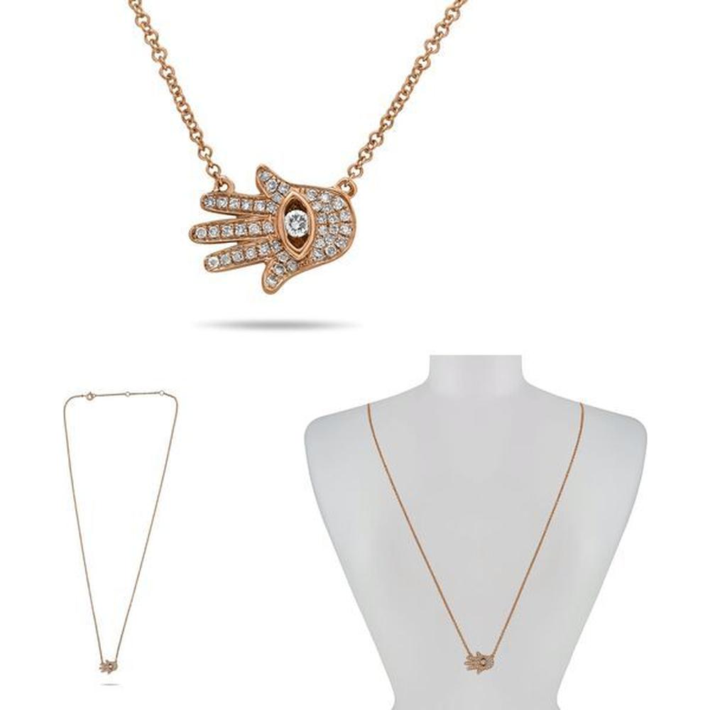 Roman & Jules - 14K Rose Gold Evil Eye Necklace with Round Diamonds - 0.15 Carat Total Diamond Weight