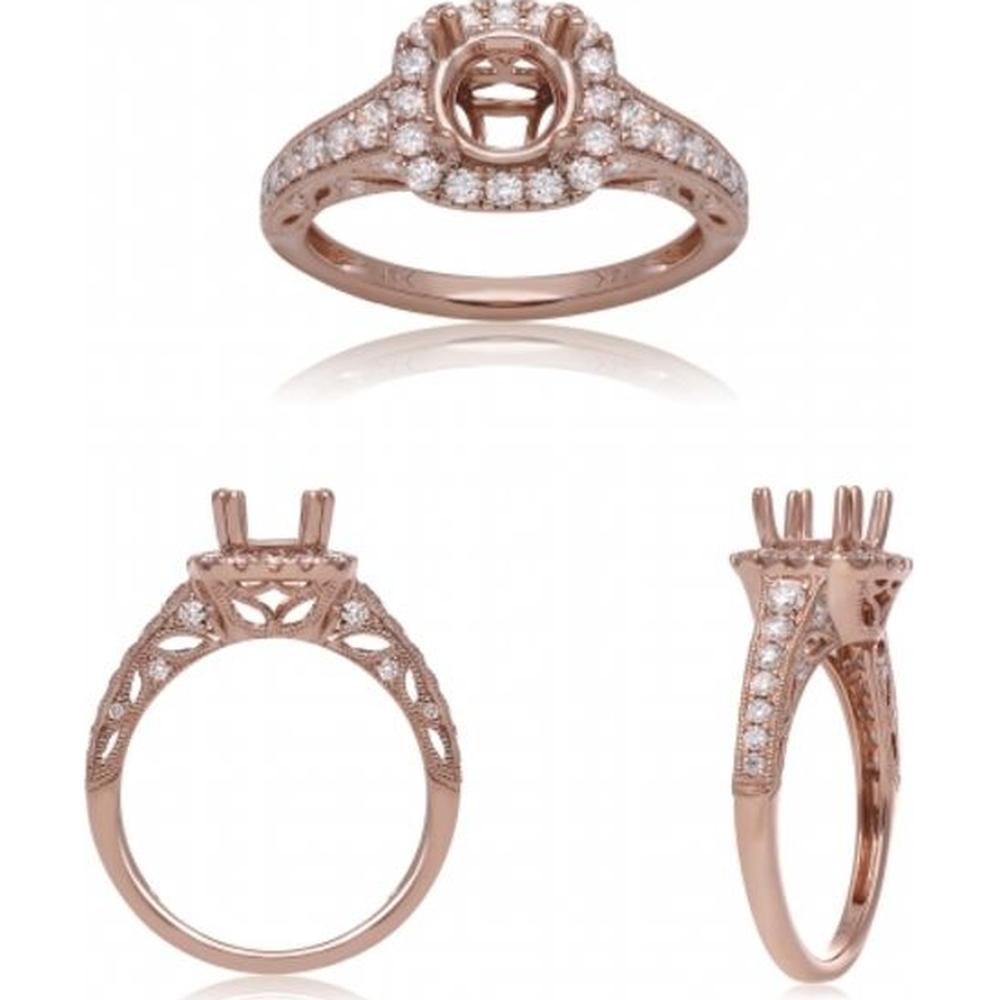 Roman & Jules - 14K Rose Gold Halo Cushion Cut Diamond Ring with Round Diamond Band - 0.60 Carat Total Diamond Weight