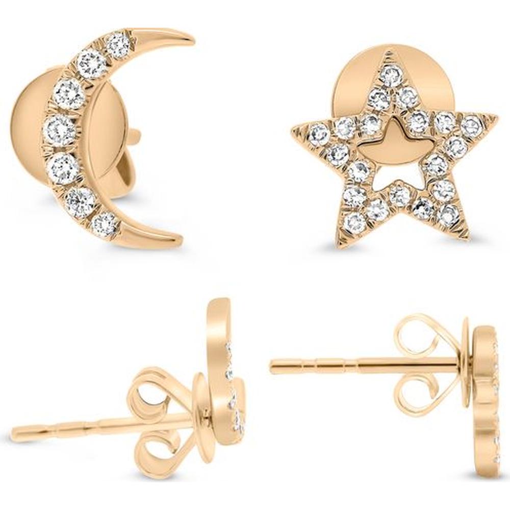 Roman & Jules - 14K Rose Gold Moon and Star Diamond Stud Earrings - 0.12 Carat Total Diamond Weight