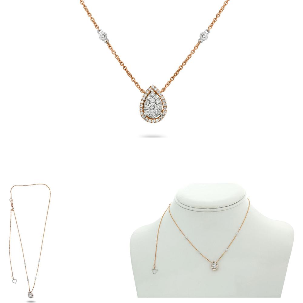 Roman & Jules - 14K Rose Gold Necklace with Pear Shape Cluster Diamond Pendant - 0.33 Carat Total Diamond Weight