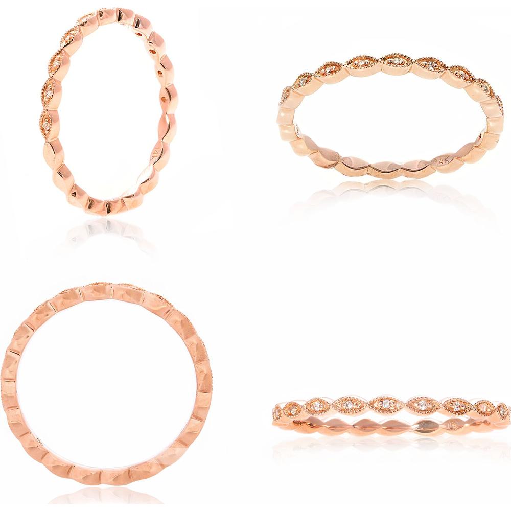 Roman & Jules - 14K Rose Gold Pink Diamond Ring with Milgrain Pave Setting - 0.03 Carat Total Pink Diamond Weight