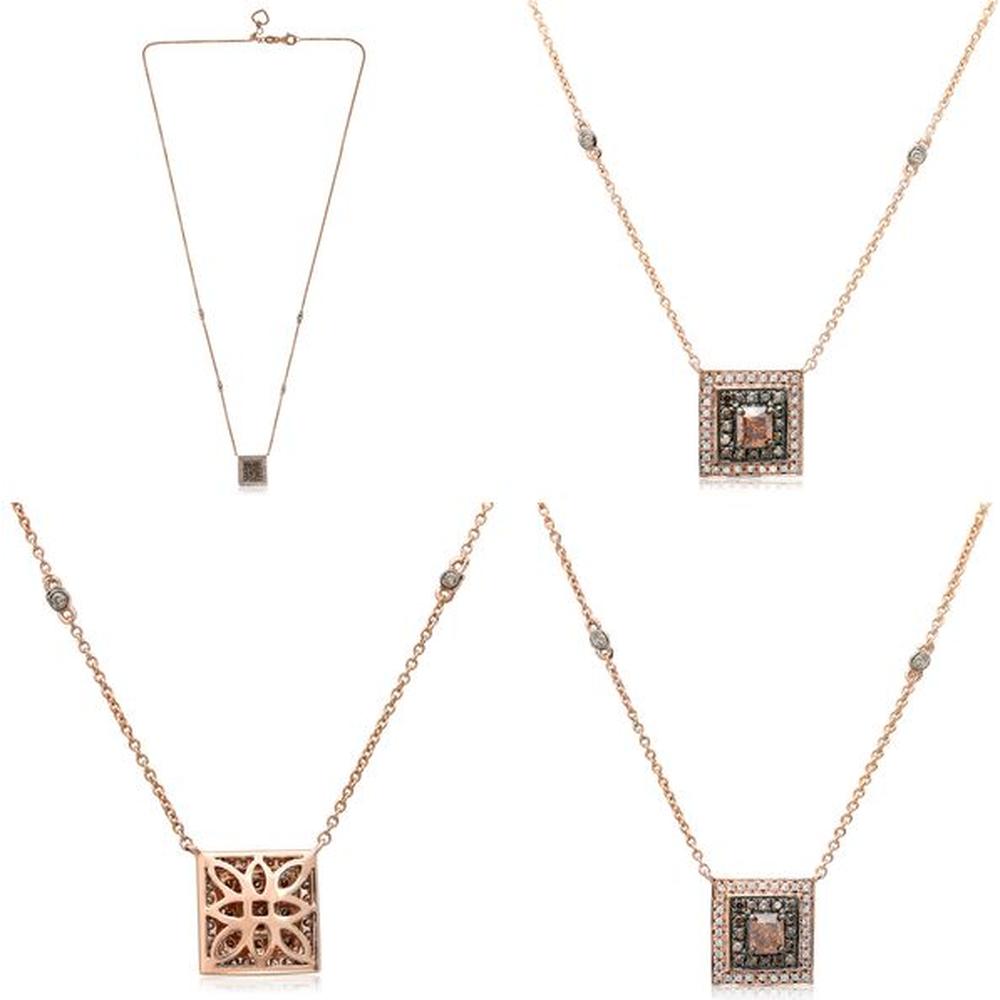 Roman & Jules - 14K Rose Gold Princess Cut Champagne Diamond Double Halo Necklace - 0.64 Carat Total Diamond Weight