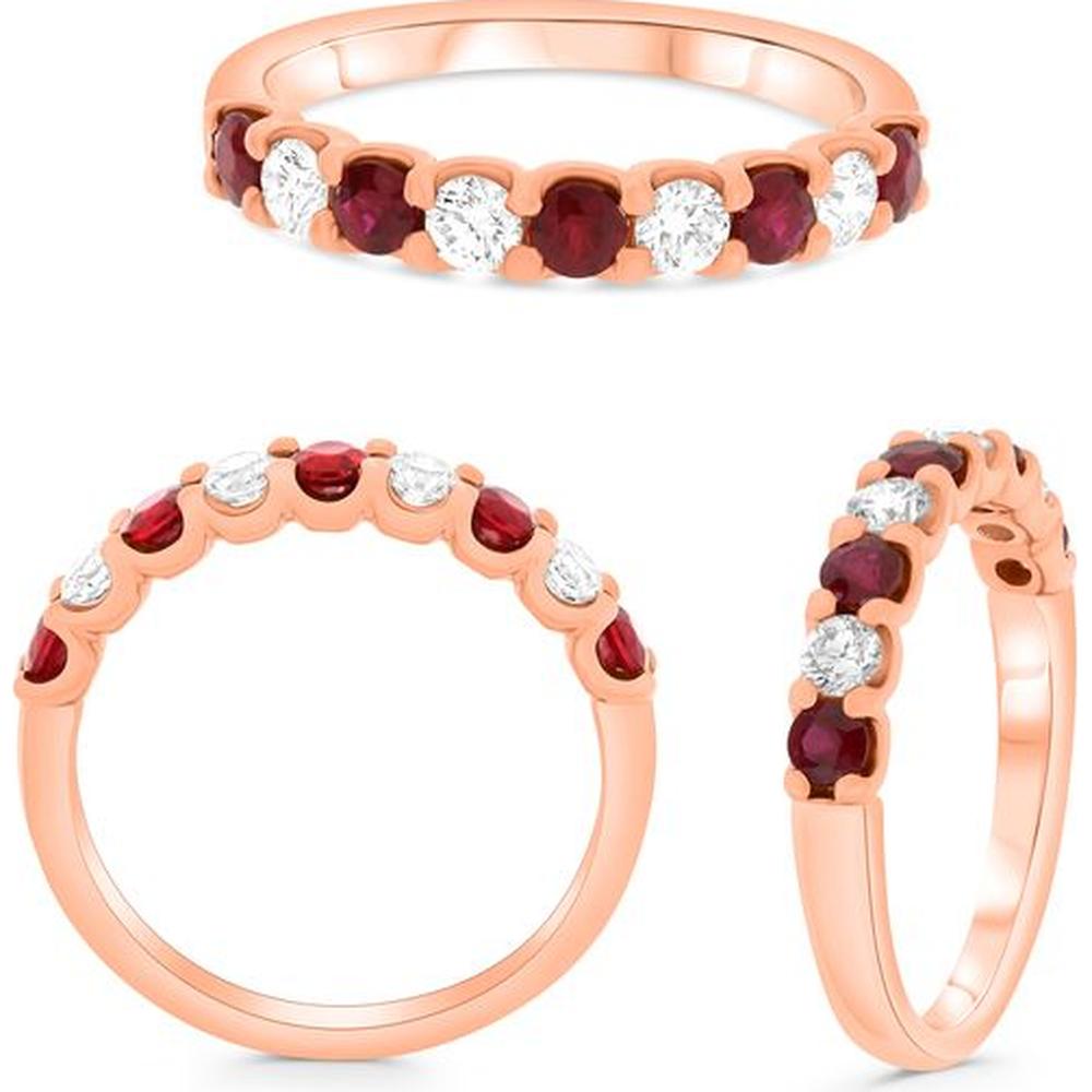 Roman & Jules - 14K Rose Gold Round Ruby and Diamond Band Ring with Shared Prong Setting - 0.50 Carat Total Ruby Weight, 0.32 Carat Total Diamond Weight