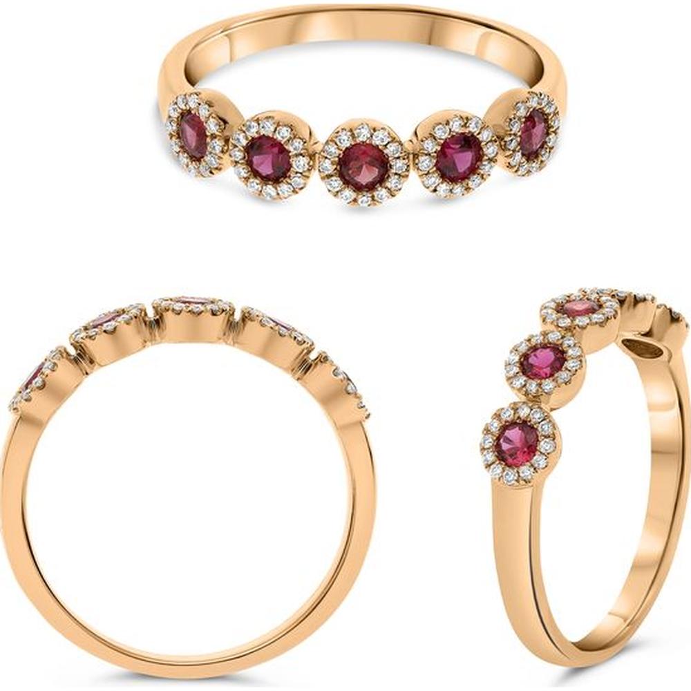Roman & Jules - 14K Rose Gold Round Ruby and Diamond Halo Ring - 0.34 Carat Total Ruby Weight, 0.13 Carat Total Diamond Weight