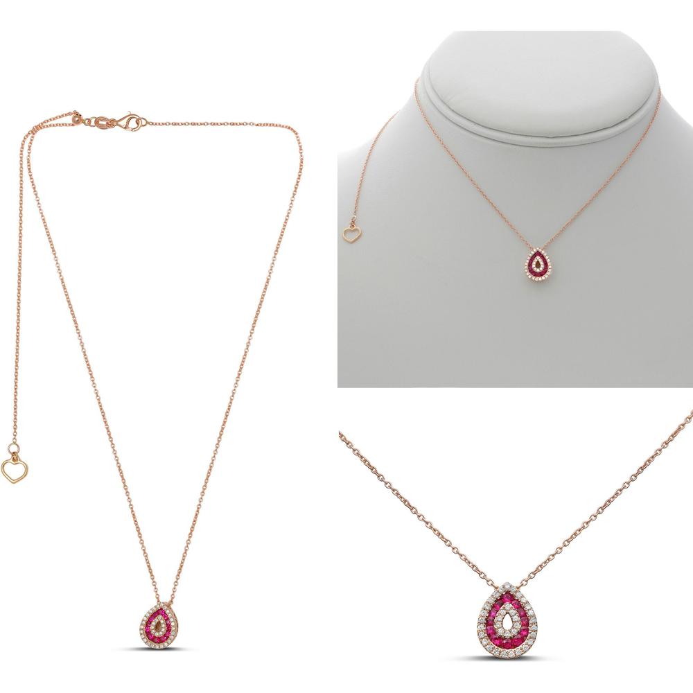 Roman & Jules - 14K Rose Gold Ruby & Diamond Open Pear Necklace with Halo - 0.40 Carat Total Diamond Weight