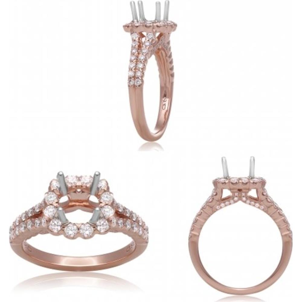 Roman & Jules - 14K Rose Gold Split Shank Halo Ring with Round Diamonds - 0.88 Carat Total Diamond Weight