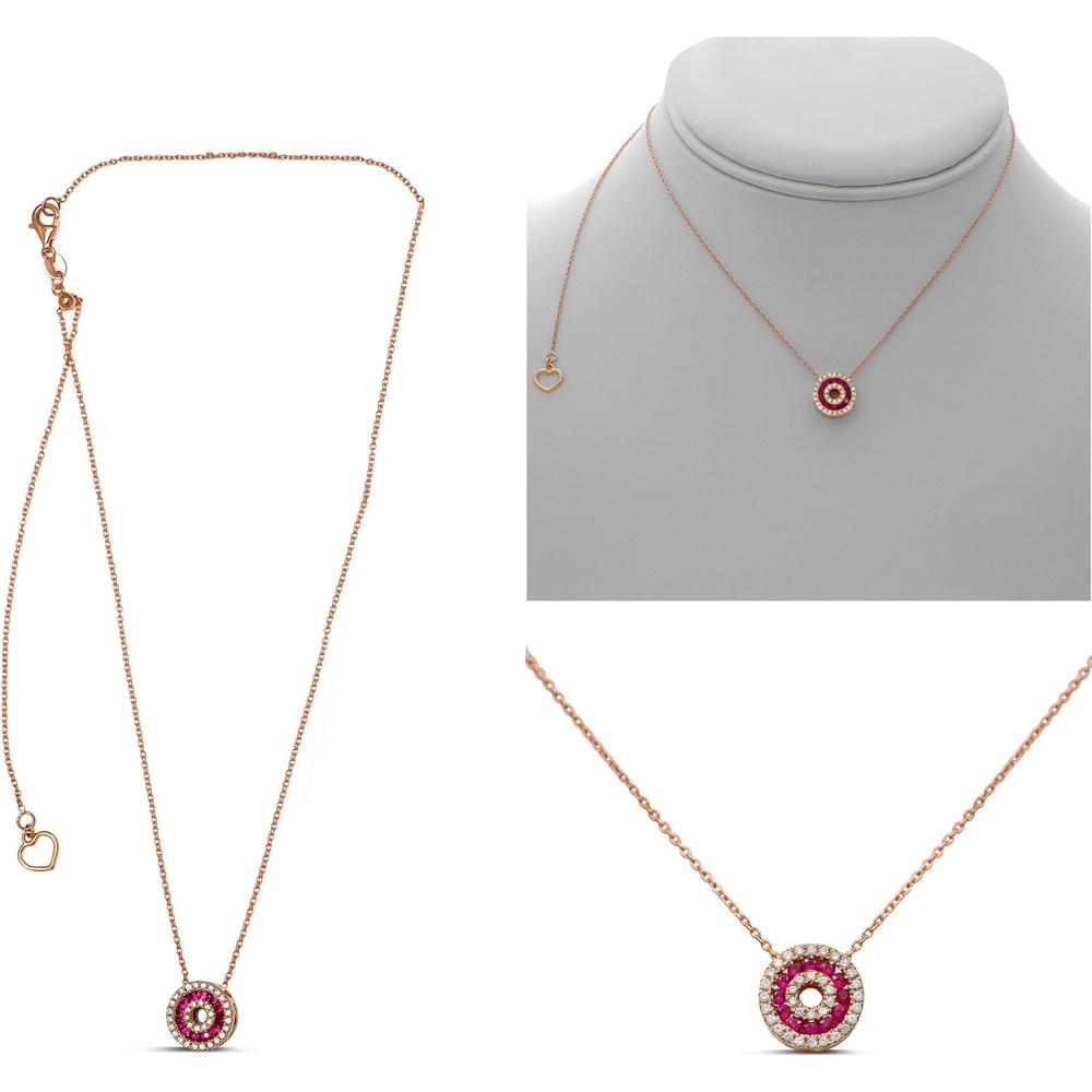 Roman & Jules - 14K Rose Gold Triple Round Ruby and Diamond Pendant Necklace - 0.22 Carat Total Diamond Weight