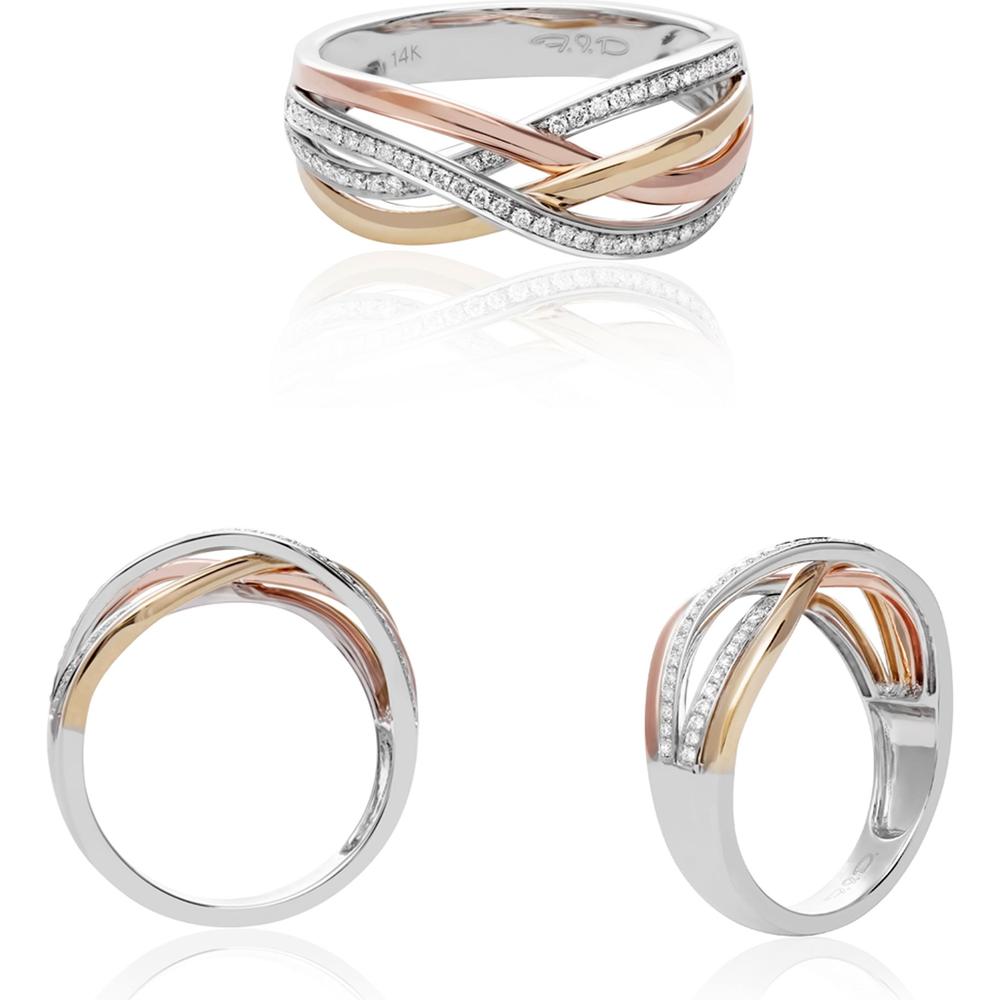 Roman & Jules - 14K Tri-Colored Overlapping Pave Ring with Round Diamonds - 0.17 Carat Total Diamond Weight
