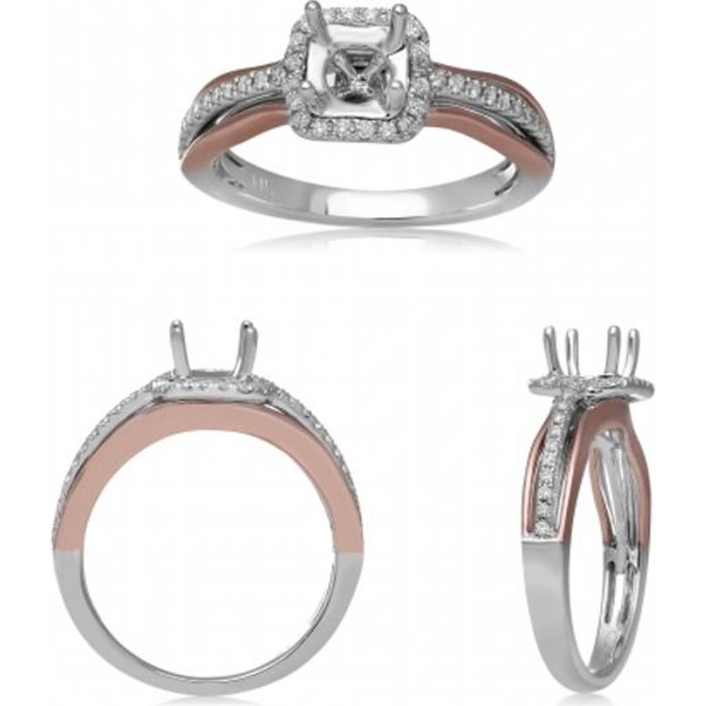 Roman & Jules - 14K White and Rose Gold Cushion Cut Halo Diamond Ring with Round Diamonds - 0.18 Carat Total Diamond Weight