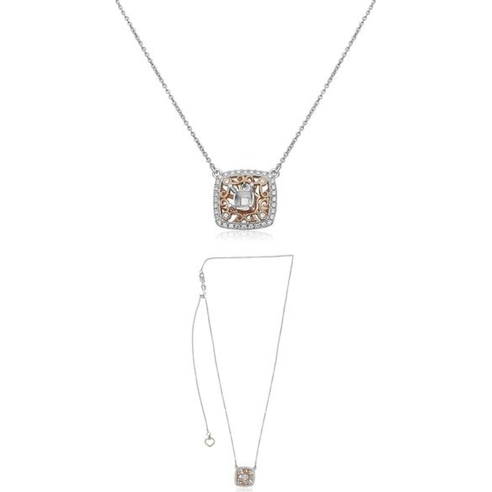 Roman & Jules - 14K White and Rose Gold Cushion Diamond Necklace with Diamond Halo - 0.28 Carat Total Diamond Weight