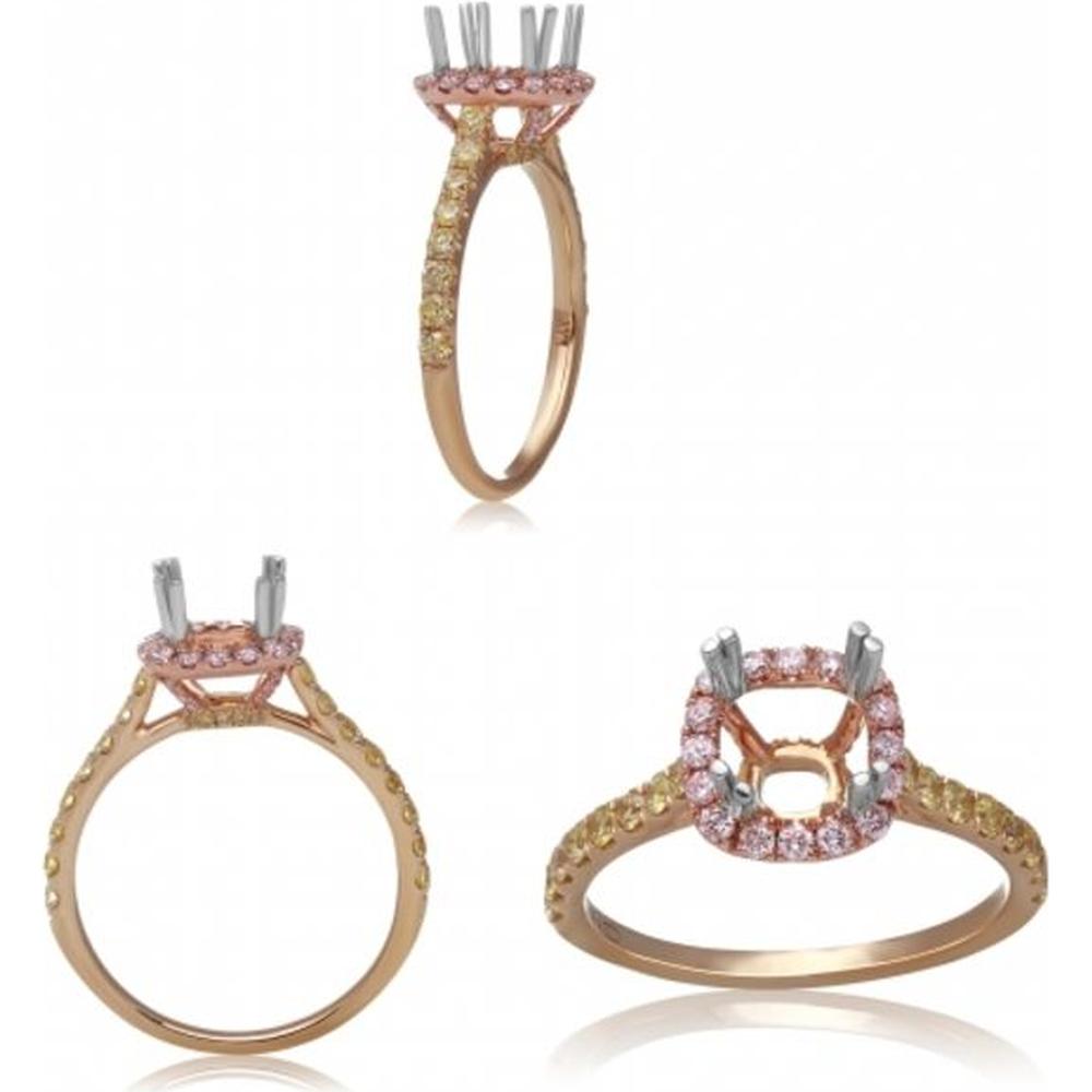 Roman & Jules - 14K White and Rose Gold Cushion Fancy Yellow and Pink Diamond Halo Ring - 0.67 Carat Total Diamond Weight