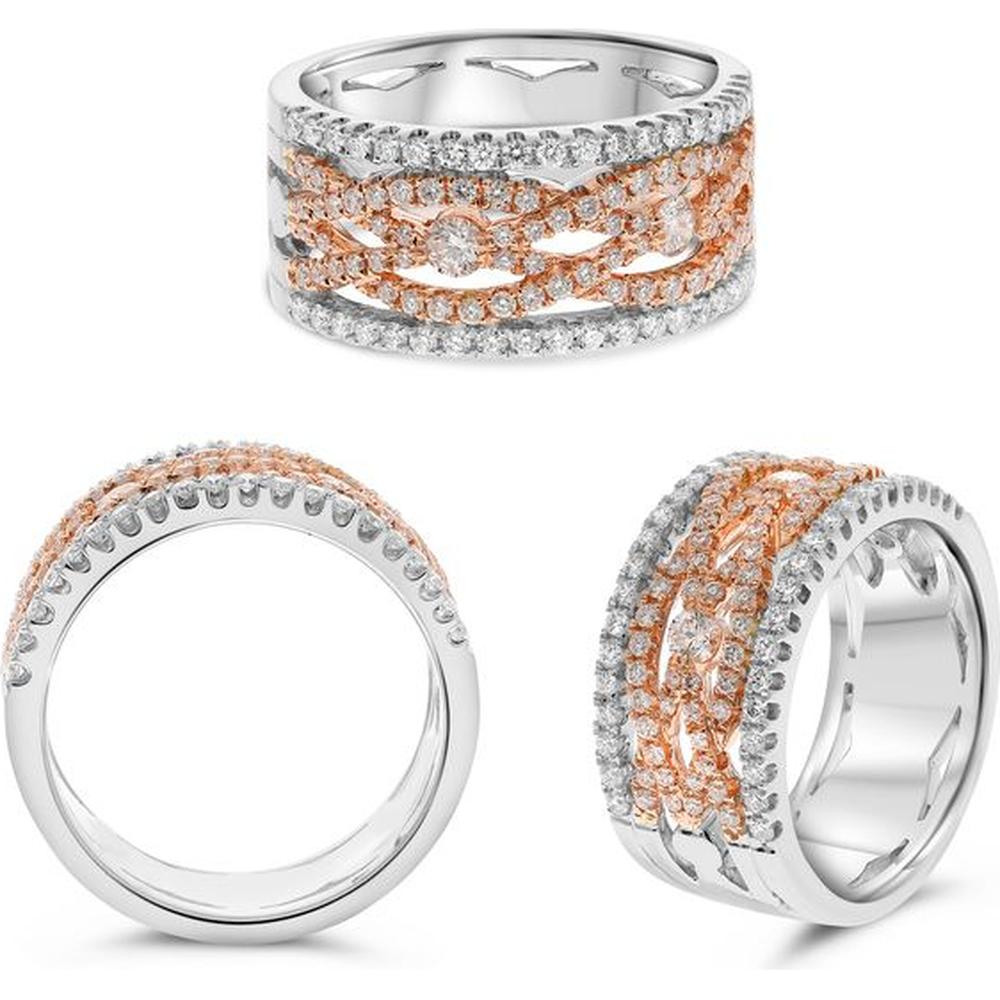 Roman & Jules - 14K White and Rose Gold Mixed Shape Diamond Band Ring with Round and Pavé Diamonds - 0.87 Carat Total Diamond Weight