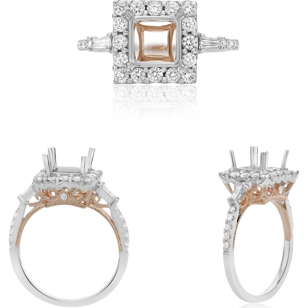 Roman & Jules - 14K White & Rose Gold Princess Cut Diamond Ring with Round and Baguette Diamonds - 0.65 Carat Total Diamond Weight