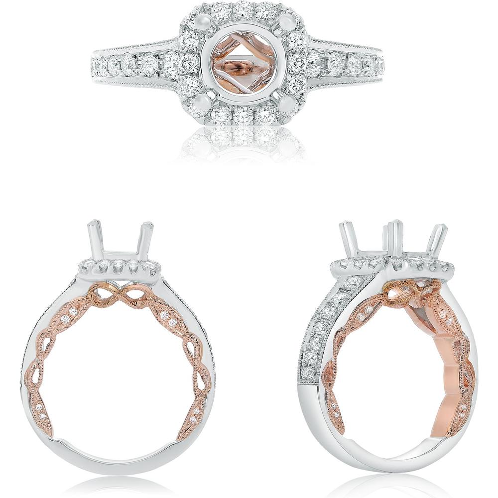 Roman & Jules - 14K White and Rose Gold Radiant Halo Diamond Ring with 0.54 Carat Round Center Diamond