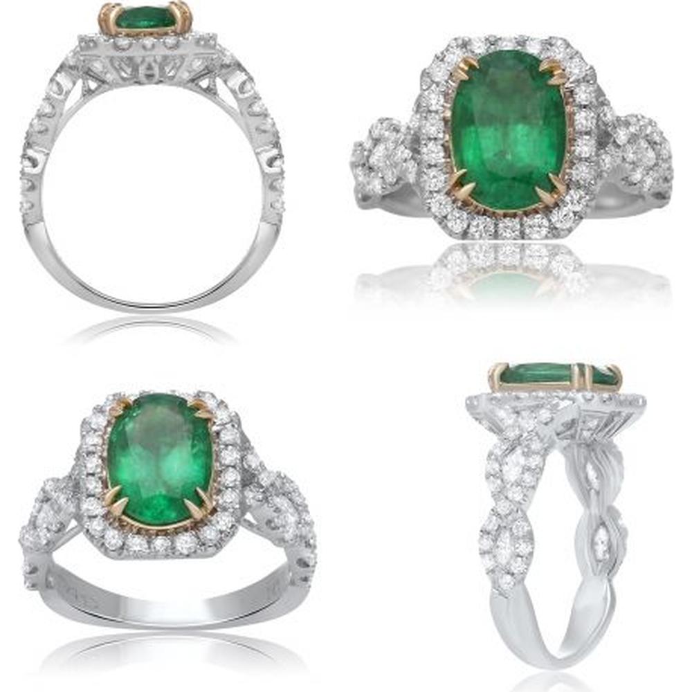Roman & Jules - 14K White & Yellow Gold Cushion Cut Emerald Ring with Round Diamond Accents - 0.69 Carat Emerald, 0.21 Carat Diamond Total Weight
