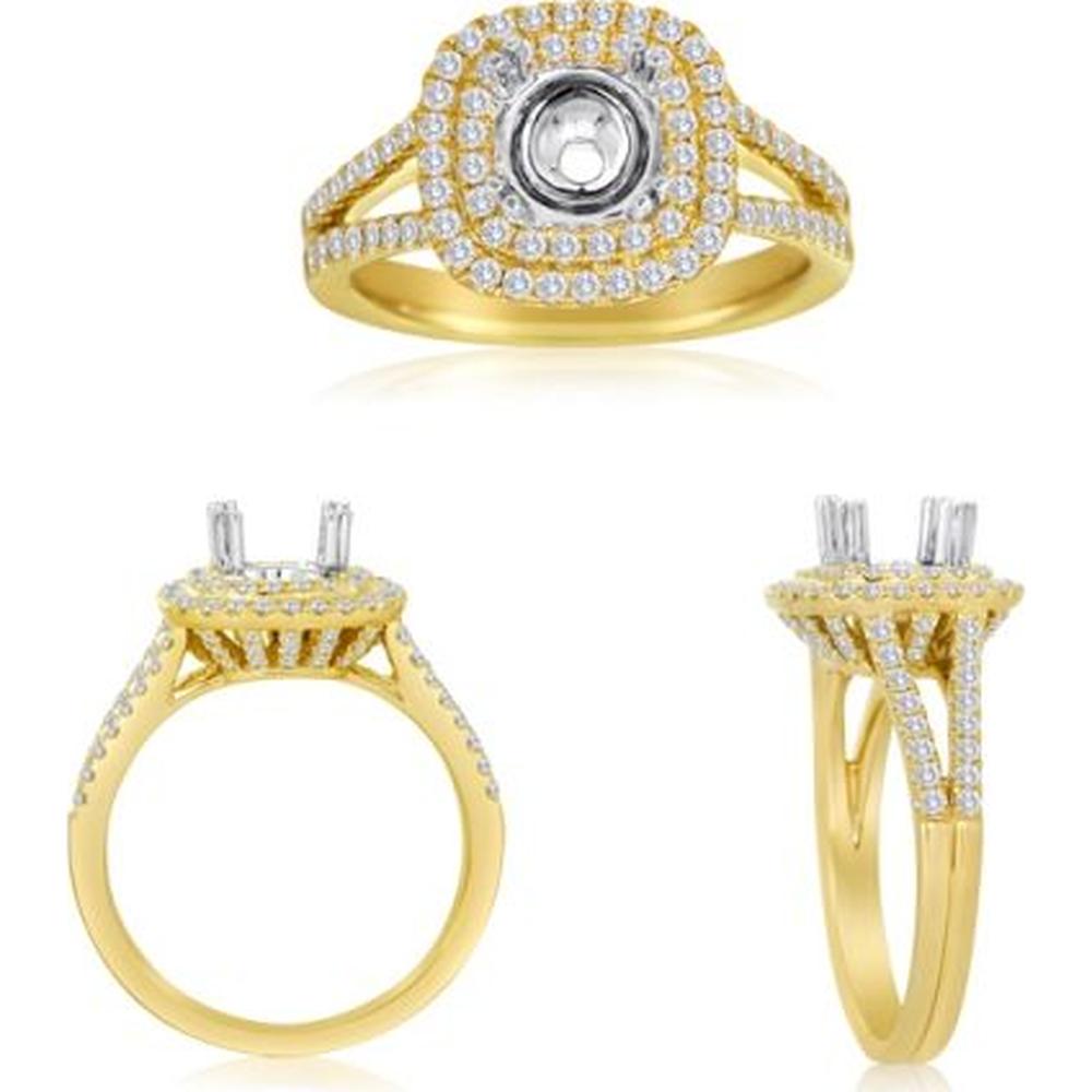 Roman & Jules - 14K White and Yellow Gold Cushion Diamond Ring with Double-Tiered Halo and Split Shank - 0.60 Carat Total Diamond Weight