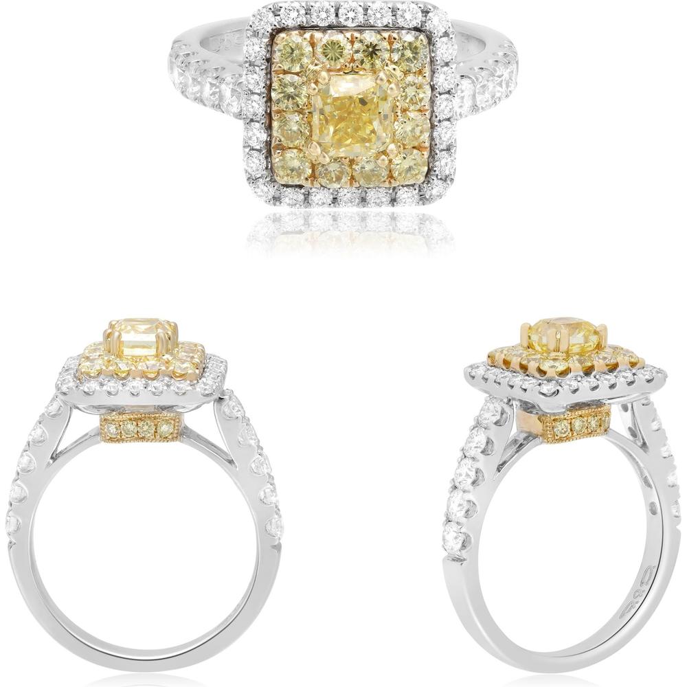 Roman & Jules - 14K White & Yellow Gold Cushion Fancy Yellow Diamond Ring with Radiant Cut Center Stone - 1.53 Carat Total Diamond Weight