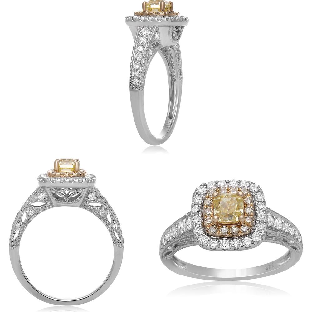 Roman & Jules - 14K White and Yellow Gold Cushion Fancy Yellow Diamond Ring with Round and Radiant Cut Diamonds - 1.03 Carat Total Diamond Weight