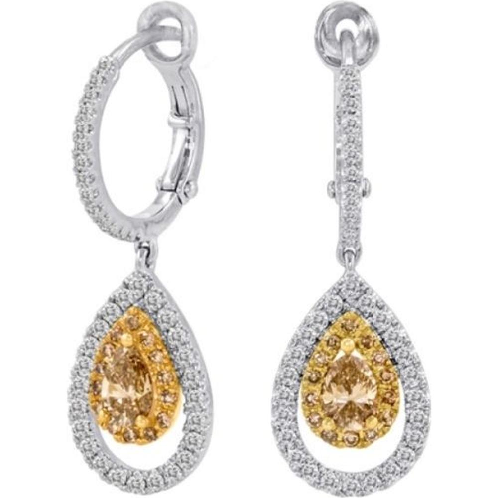Roman & Jules - 14K White and Yellow Gold Drop Earrings with Pear-Shaped Champagne Diamonds and Halo Design - 0.93 Carat Total Diamond Weight