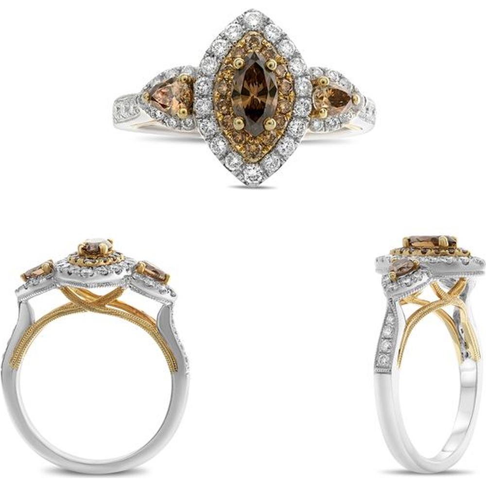 Roman & Jules - 14K White and Yellow Gold Marquise Champagne Diamond Halo Ring - 1.23 Carat Total Diamond Weight