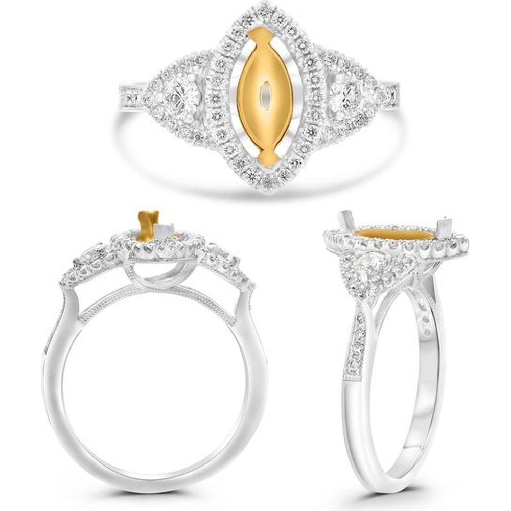 Roman & Jules - 14K White and Yellow Gold Marquise Diamond Ring with Round Diamonds - 0.54 Carat Total Diamond Weight