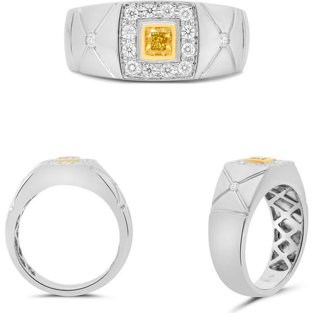 Roman & Jules - 14K White and Yellow Gold Men's Ring with Cushion Cut Fancy Yellow Diamond and Round Diamond Halo - 0.36 Carat Total Diamond Weight