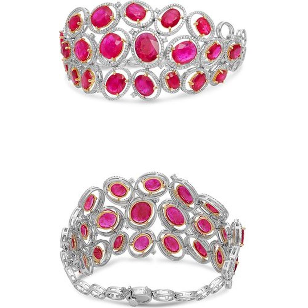 Roman & Jules - 14K White and Yellow Gold Mosaic Ruby Bracelet with Clustered Round Diamonds - 35.51 Carat Total Gem Weight