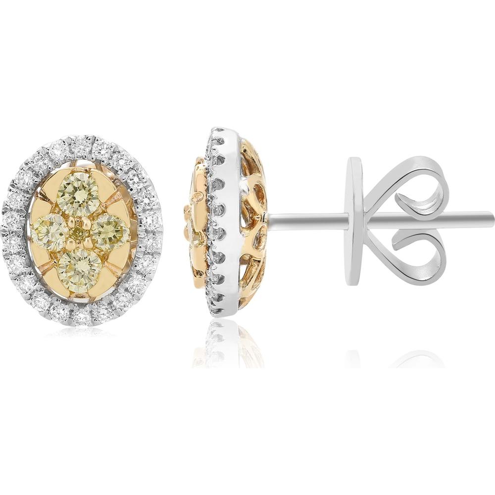Roman & Jules - 14K White and Yellow Gold Oval Diamond Cluster Stud Earrings with Fancy Yellow and Round Diamonds - 0.70 Carat Total Diamond Weight