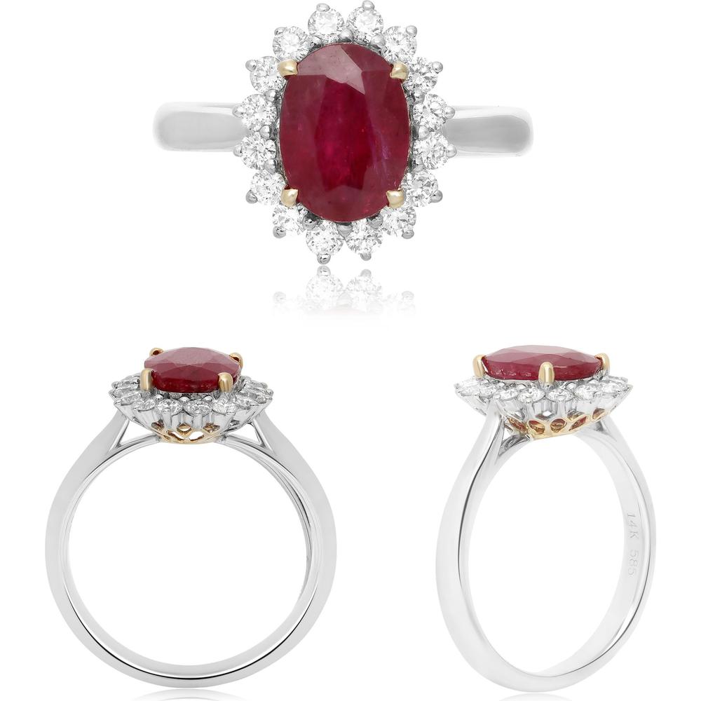 Roman & Jules - 14K White and Yellow Gold Oval Ruby Ring with Halo of Round Diamonds - 2.28 Carat Total Ruby Weight