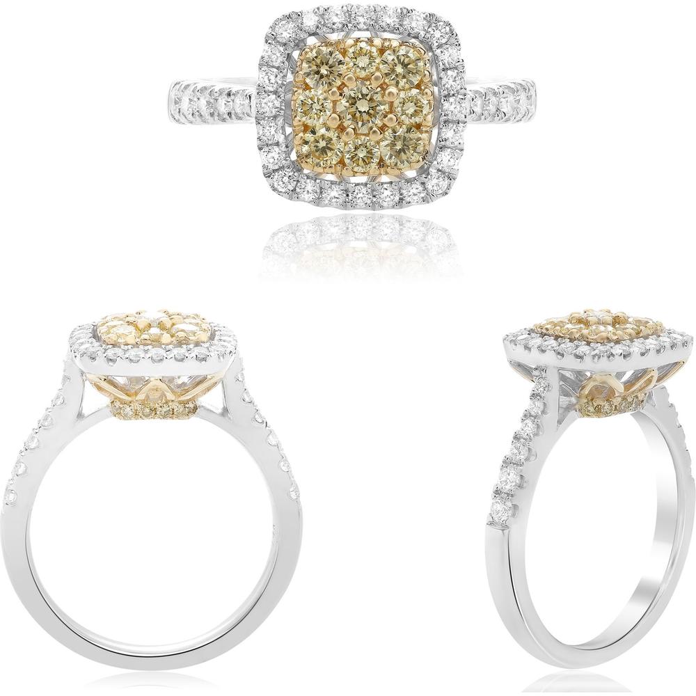 Roman & Jules - 14K White and Yellow Gold Pave Shank Diamond Cluster Ring with Fancy Yellow Round Diamonds - 0.91 Carat Total Diamond Weight