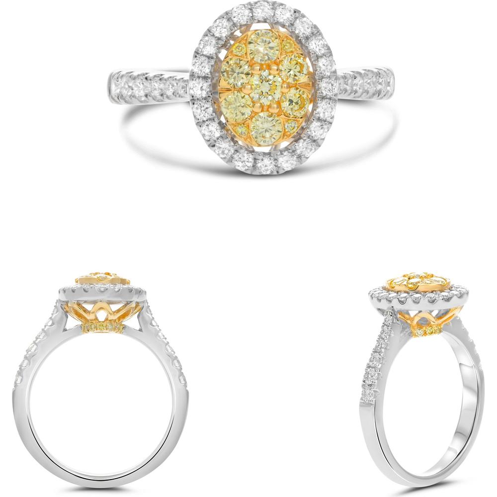 Roman & Jules - 14K White and Yellow Gold Pave Shank Diamond Cluster Ring with Round White and Yellow Diamonds - 0.93 Carat Total Diamond Weight